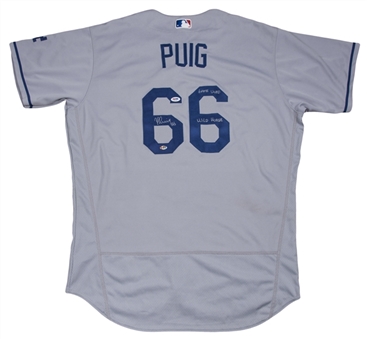 2017 Yasiel Puig Game Used, Photo Matched & Signed Los Angeles Dodgers Road Jersey Used On 8/4/2017 For Career Home Run #77 (MLB Authenticated, PSA/DNA, Resolution Photomatching)